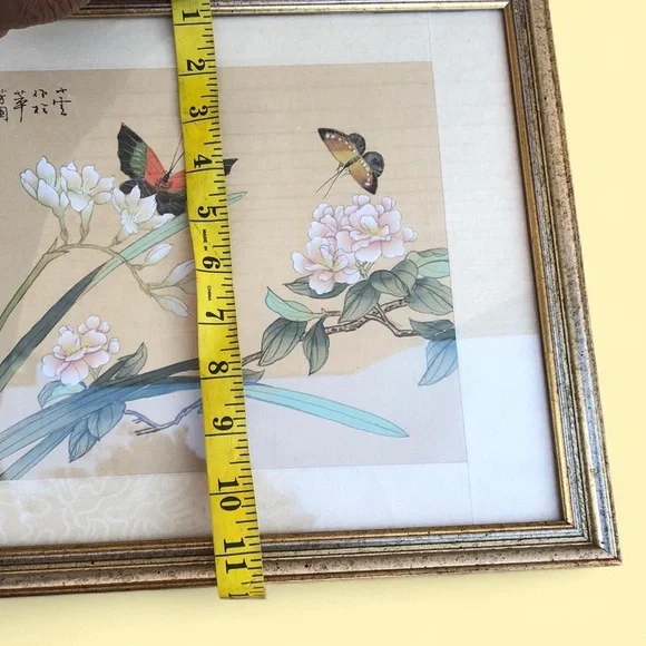 VTG Chinese Silk Watercolor Painting Asian Antique Butterflies Flower Art Framed